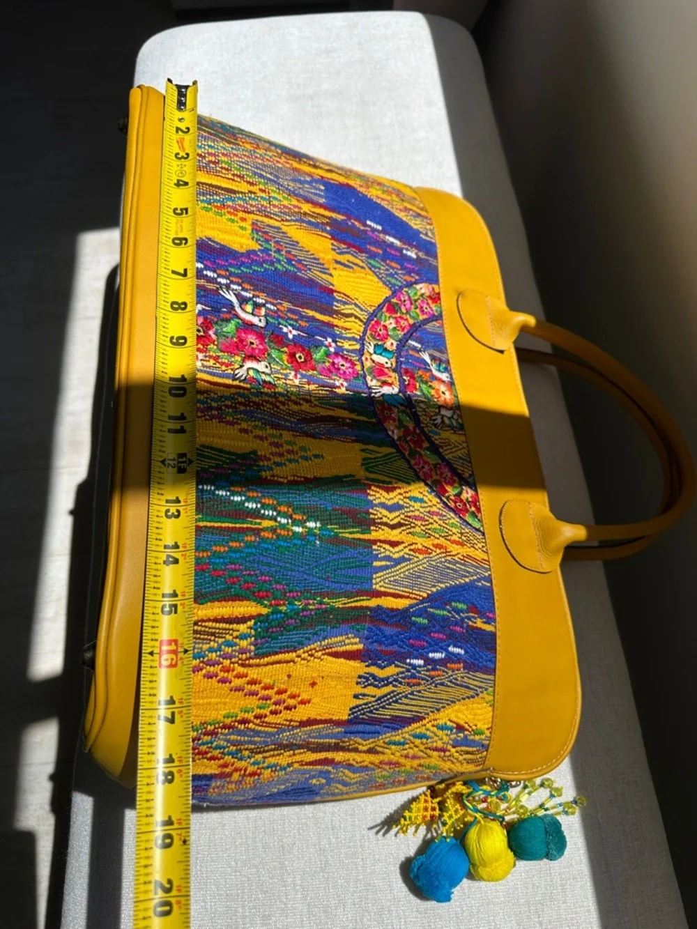Guatemalan  leather and Embroidered Travel Tote Bag with Multicolor Panel - Picture 9 of 17
